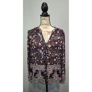 EUC Lucky Brand Black & Pink Floral Boho Long Sleeve Blouse/Sz. S